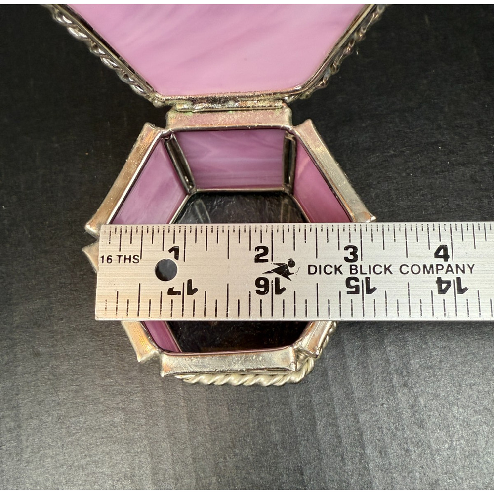 Stained Glass Trinket Box Hexagon Pink Flower Star Top Etched Glass Bottom - Picture 10 of 10